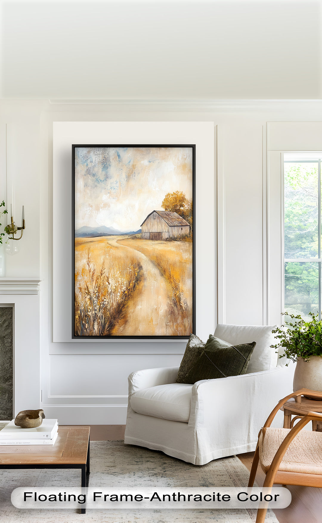 This charming countryside painting captures a winding path leading through golden fields to a rustic barn, bathed in warm autumn light.