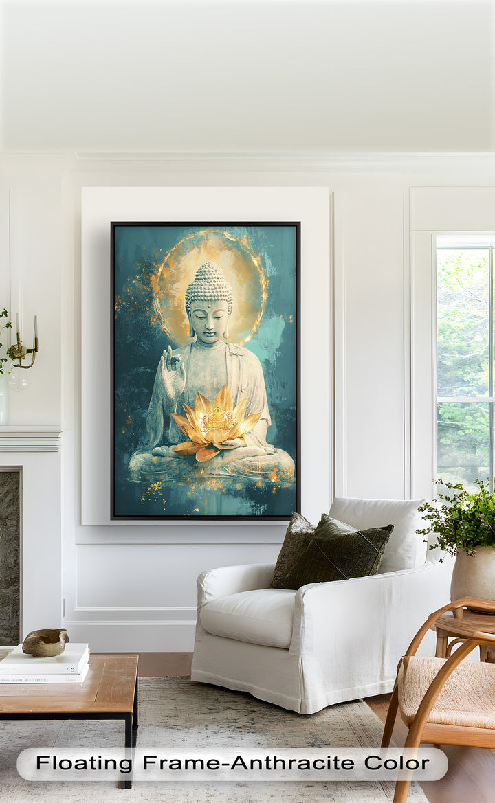 A peaceful Buddha figure in deep meditation, with a luminous golden lotus blooming in his hands, symbolizing purity and wisdom.