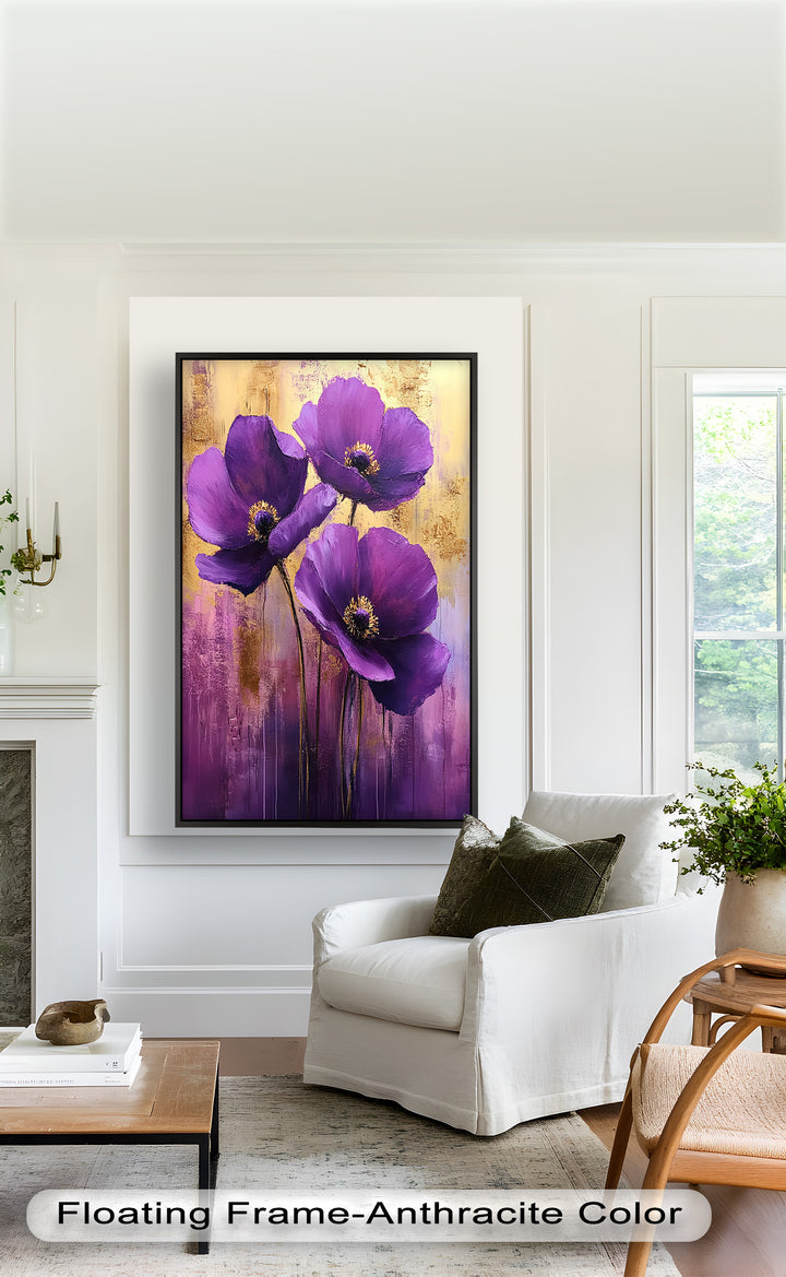 Velvet Blossoms – Purple Floral Elegance with Gold Flower Oil Painting