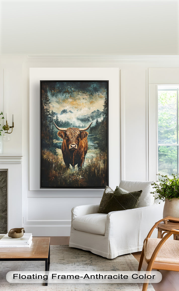 Highland Cow in Misty Pines – Wilderness Oil Painting
