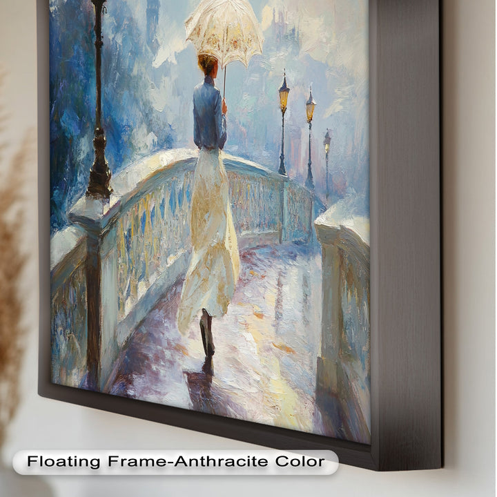 Woman with Umbrella on Cobblestone Bridge – Oil Painting