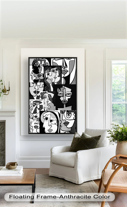 Reduced color saturation emphasizes the contrasts in this monochrome muse oil painting artwork, a cubist faces collage reminiscent of Picasso's style.