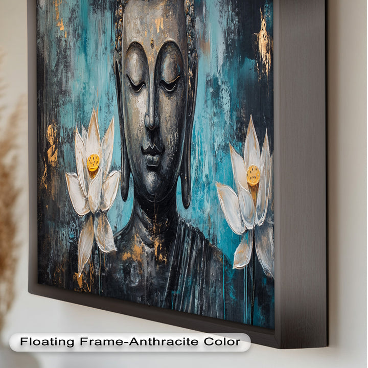 Teal Buddha with Lotus Flowers – Religious Oil Painting