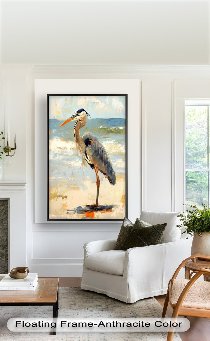 Elegant Heron Standing on Shoreline – Framed Oil Painting