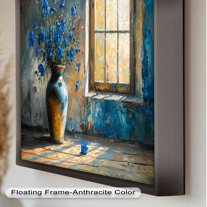 Blue Flowers in Vase – Rustic Still Life Oil Painting