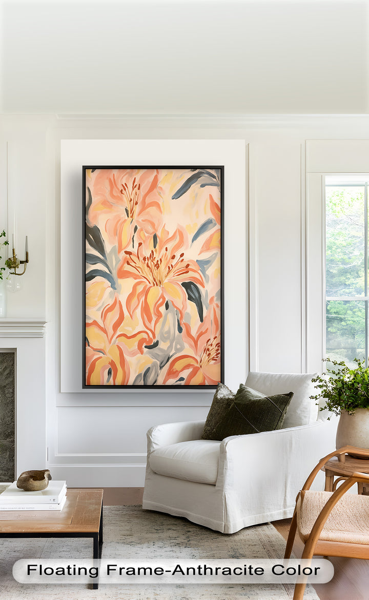 Sunlit Lilies – Abstract Coral Flower Oil Painting