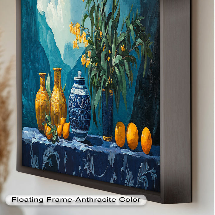 Blue & Yellow Vase Citrus Still Life – Framed Oil Painting