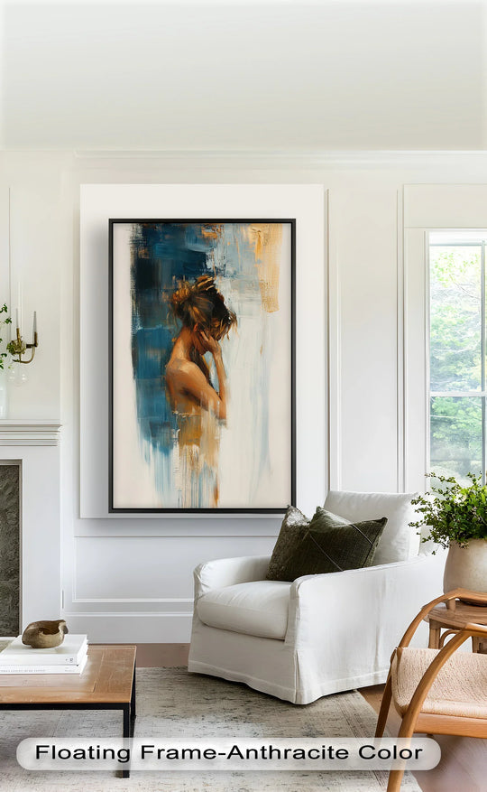 Light and shadow play across the strokes of this modern oil painting art, highlighting the introspective woman in a veil of thought captured with blue and gold hues.