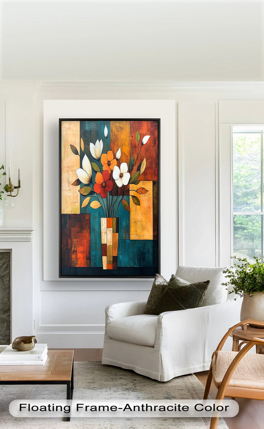Warm color temperatures dominate this modern abstract oil painting, brightening its geometric bloom and offering inviting oil painting decoration.