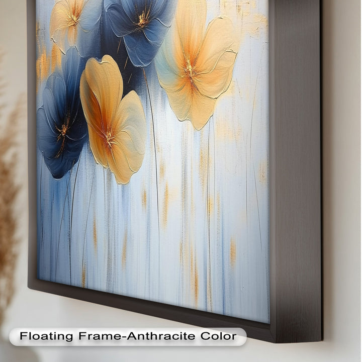 Blaue und gelbe Blumenkunst – Gerahmtes Ölgemälde
