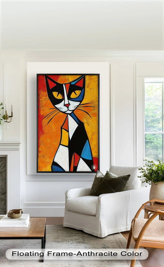 Vibrant color contrast defines this geometric cat, a bold Picasso-style oil painting artwork that features playful shades of red, blue, and yellow.