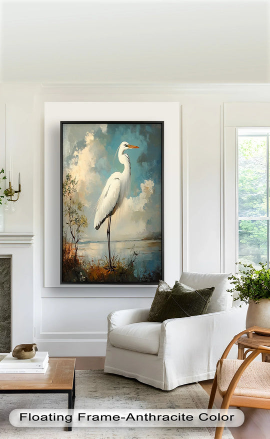 Showcasing the realistic detail, this oil painting art piece captures the 'Grace of the Marshlands' with an animal oil painting depicting a serene white egret by the water.