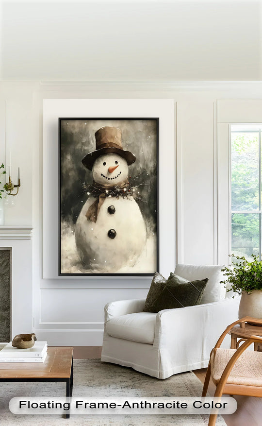 Foreground shows a white armchair with a textured throw pillow and an adjacent wooden chair beside a framed frosty cheer oil painting home decor.