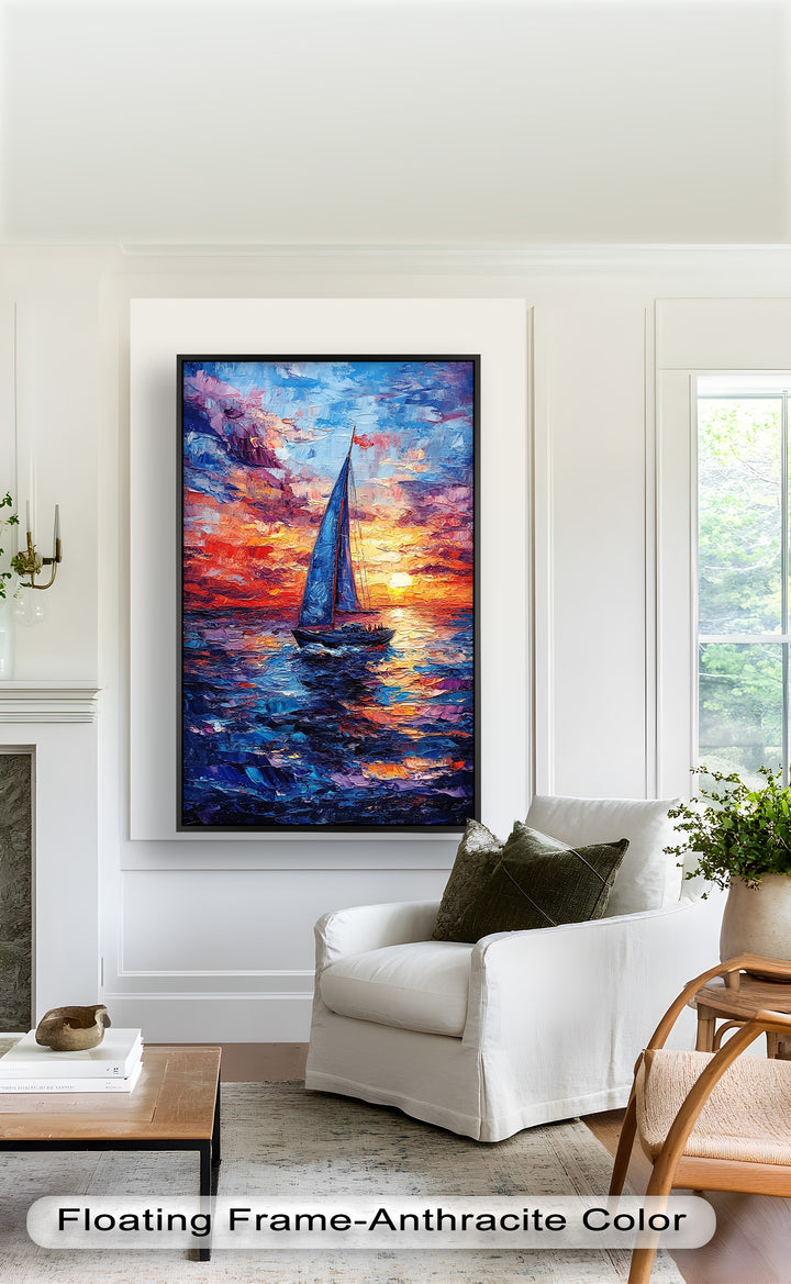 Crimson Horizon – Sunset Voyage Boat Oil Painting