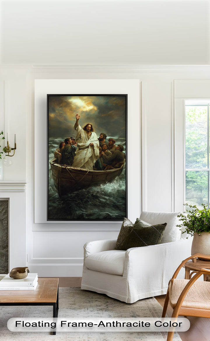 A biblical moment captured in vivid detail, where Jesus, in flowing white robes, commands the stormy sea to calm.