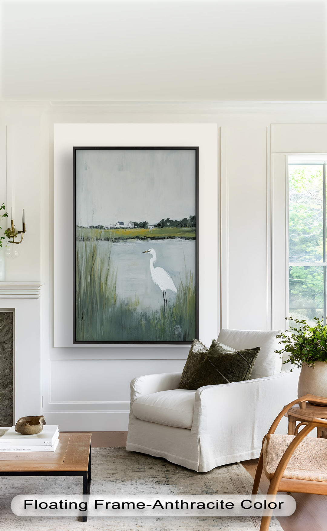 Egret by the Marsh – Minimalist Landscape Oil Painting