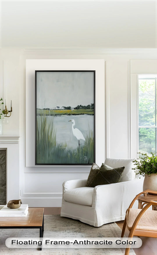Observed in the Egret by the Marsh, the subtle transition between colors in the oil painting artwork depicts the water, reeds, and distant landscape in a peaceful, minimalist style.