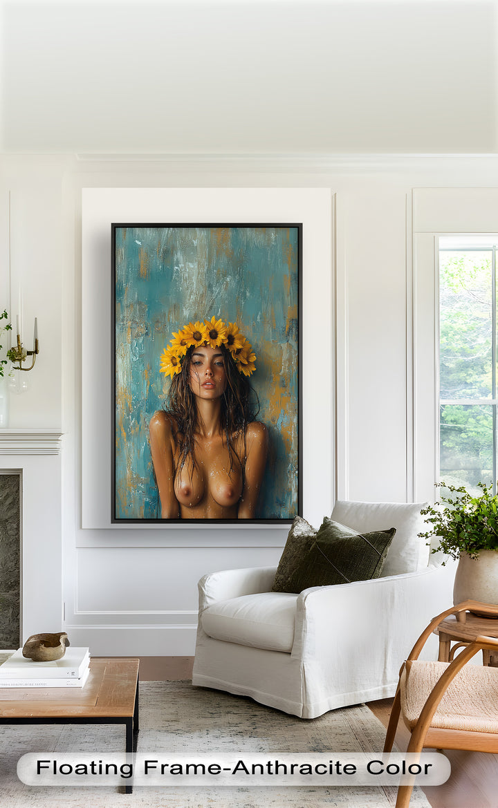 Sun-Kissed Solstice – Woman with Sunflower Crown Abstract Oil Painting