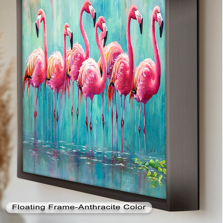 Flamingoschwarm auf dem Wasser – Tierölgemälde