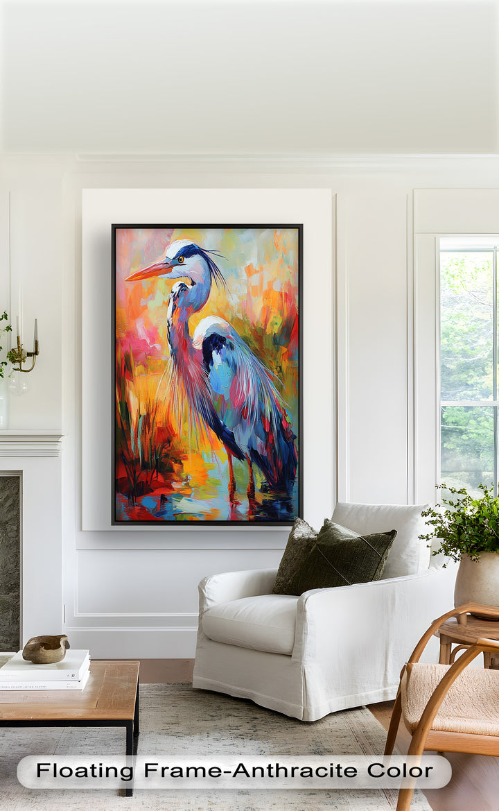 Colored Heron in Abstract Color Splash – Animal Oil Painting