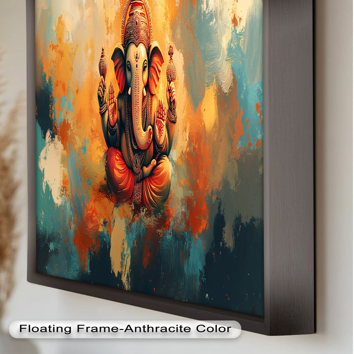 Orange Ganesha Wandkunst – Religiöses Ölgemälde