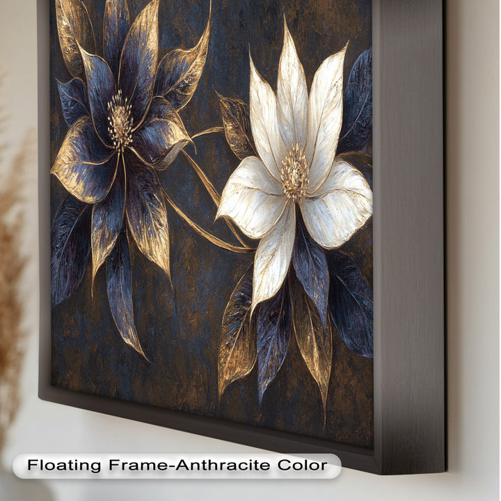 Blue Floral Stained Art – Botanical Oil Painting