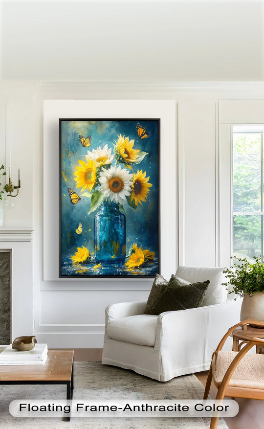 Brightest sunflowers showcase vibrant yellow hues amidst a blue glass jar, enhancing this floral oil painting decoration with butterflies, bringing sun-kissed radiance.