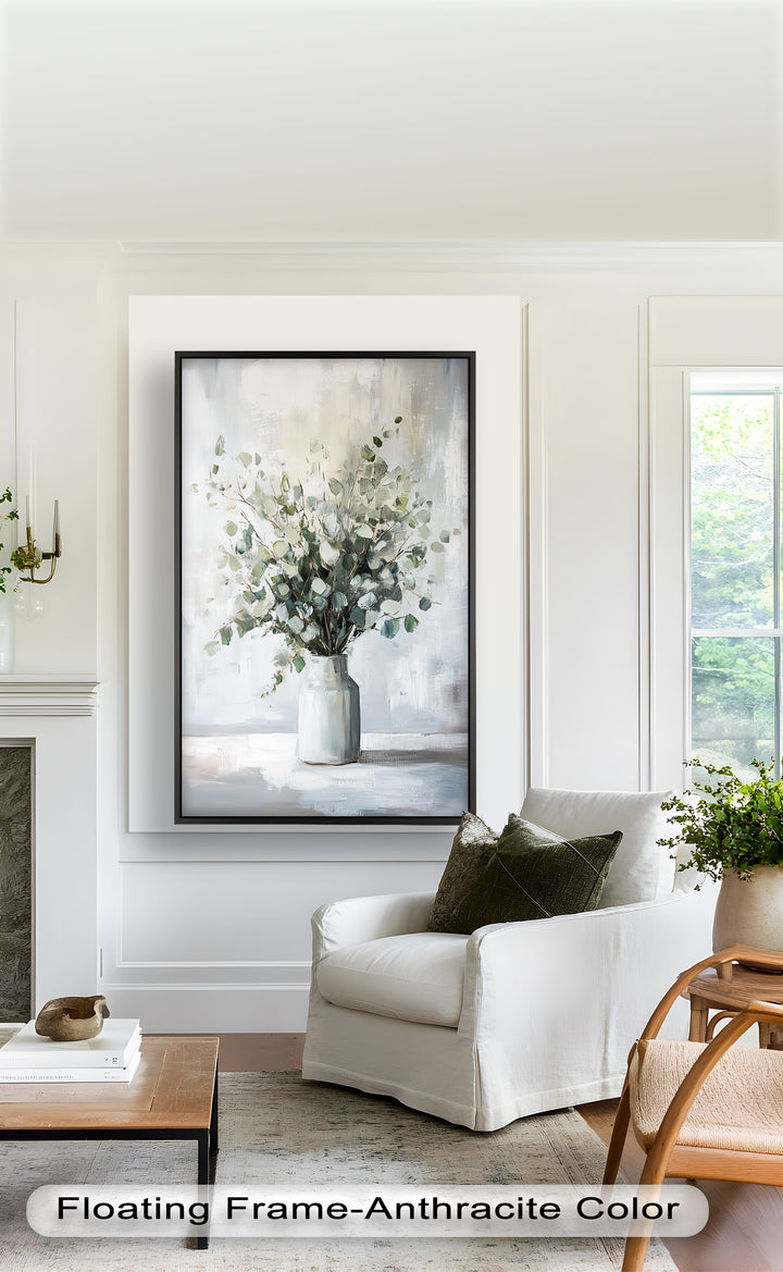 Eucalyptus Essence – Minimalist Greenery in Ceramic Vase Oil Painting