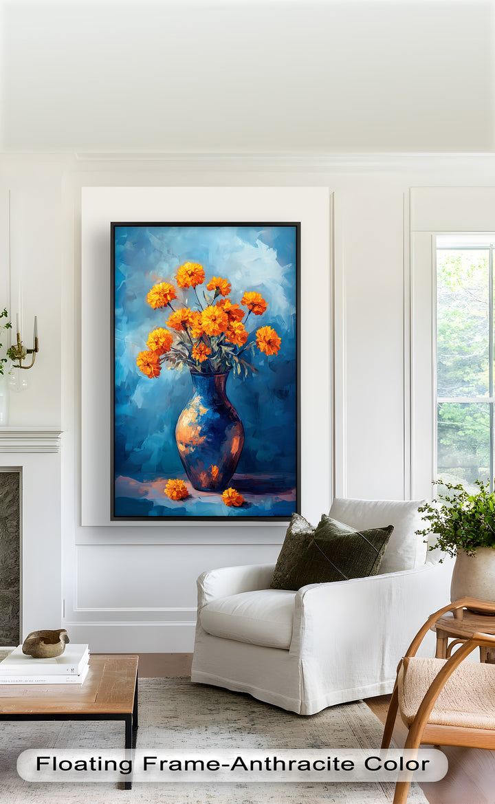 Golden Marigolds in Midnight Blue – Flower Oil Painting