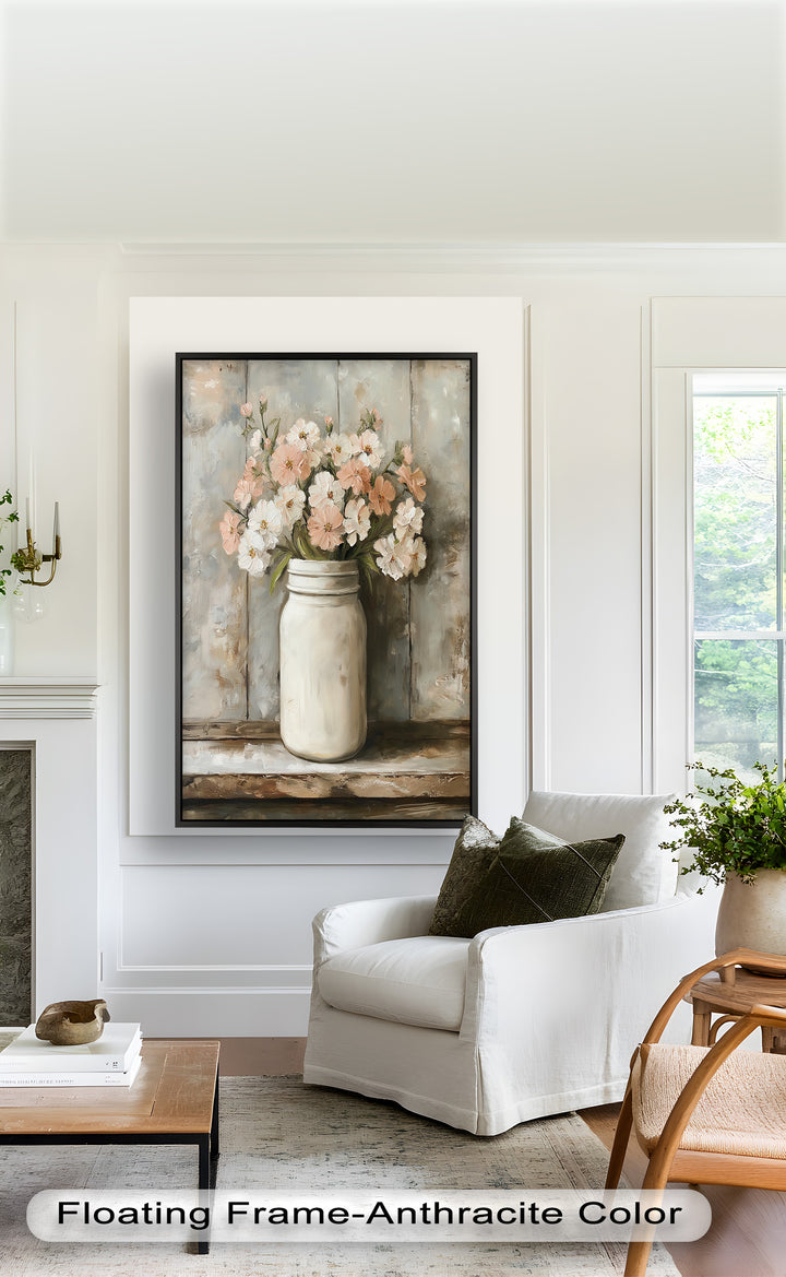 Blush & Cream Blooms – Rustic Mason Jar Flower Oil Painting