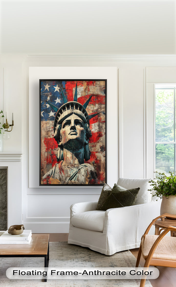 Freiheitsstatue mit amerikanischer Flagge - Patriotisches Ölgemälde