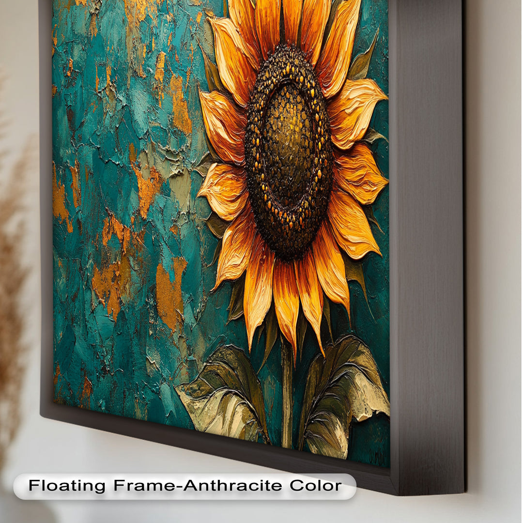 Sunflower on Textured Teal - Flower Oil Painting