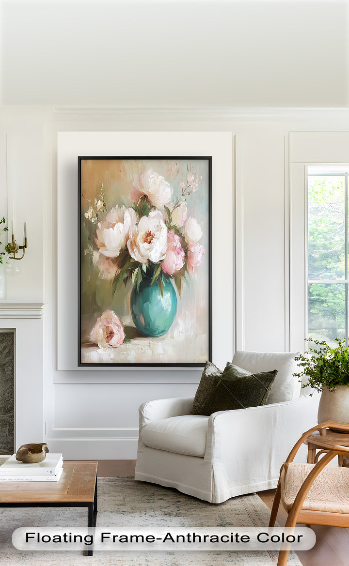 Blushing Peonies in Jade Vase – Romantic Flower Oil Painting