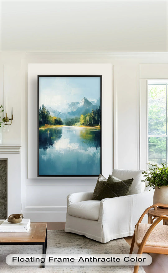 Glowing from the horizon, the brightest area highlights the serenity of the mountain landscape reflected in the Hudson River for a stunning oil painting decoration.