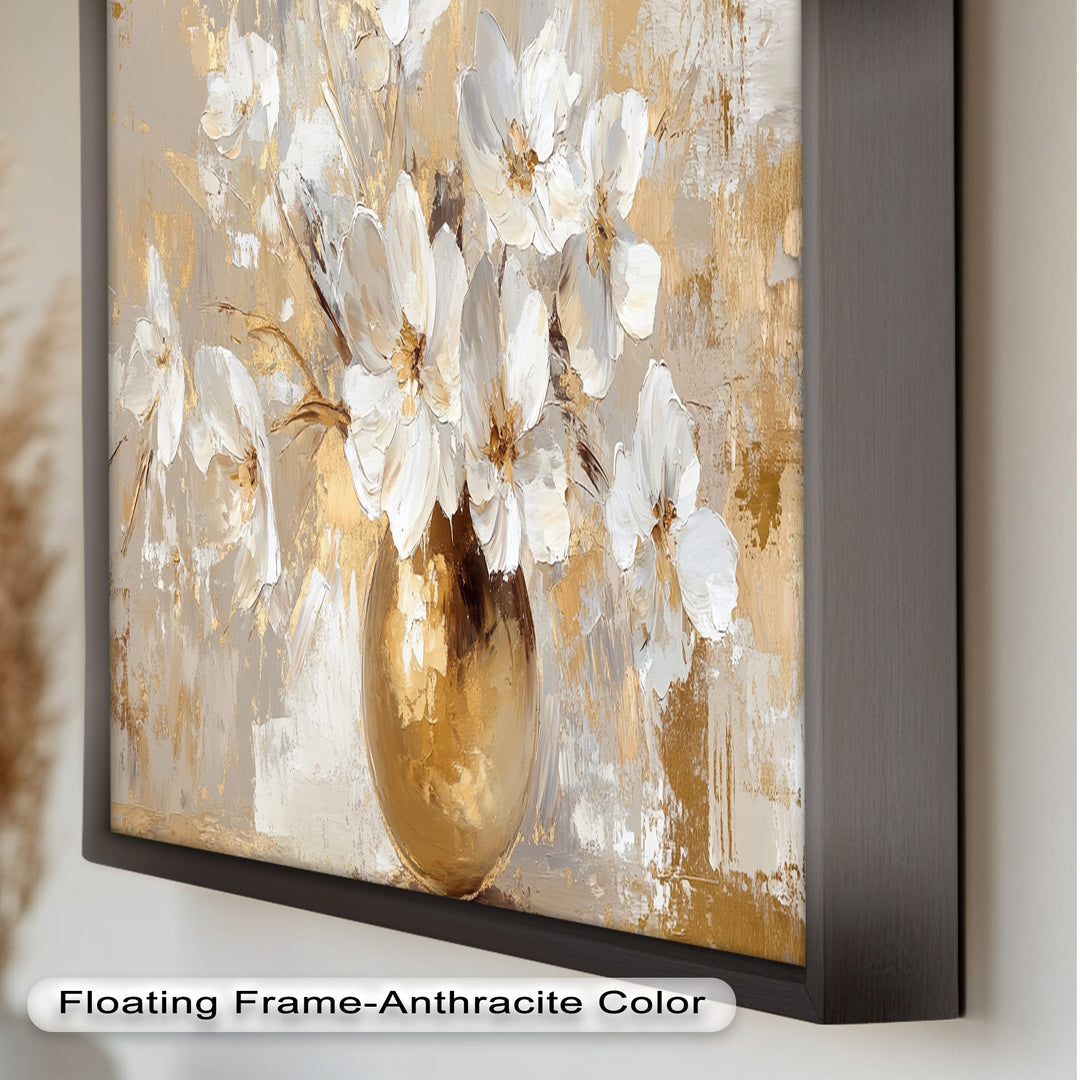 Golden Vase with White Florals – Flower Oil Painting
