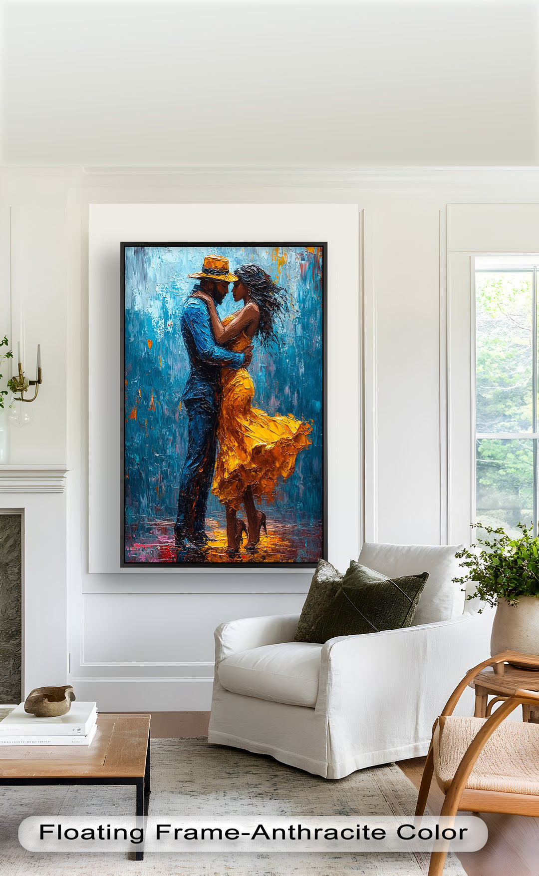 Midnight Embrace – Vibrant Couple in Yellow Dress Oil Painting