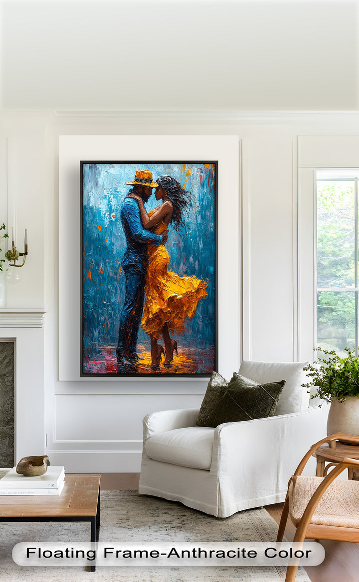 Midnight Embrace – Vibrant Couple in Yellow Dress Oil Painting