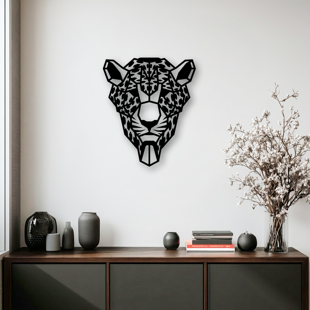 Emphasizing depth and layers, the geometric tiger head decorative metal art casts a dramatic shadow, enhancing the modern aesthetic.