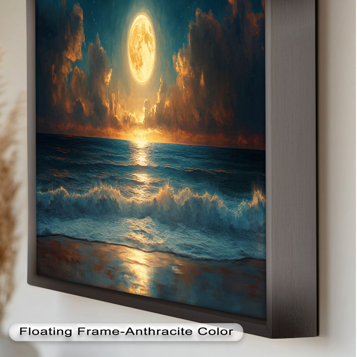 Ocean Night Wall Art Decor - Full Moon Seascape Oil Painting