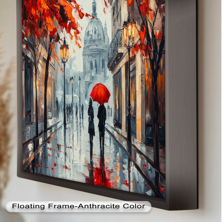 Lovers Walking with Red Umbrella - Love Oil Painting
