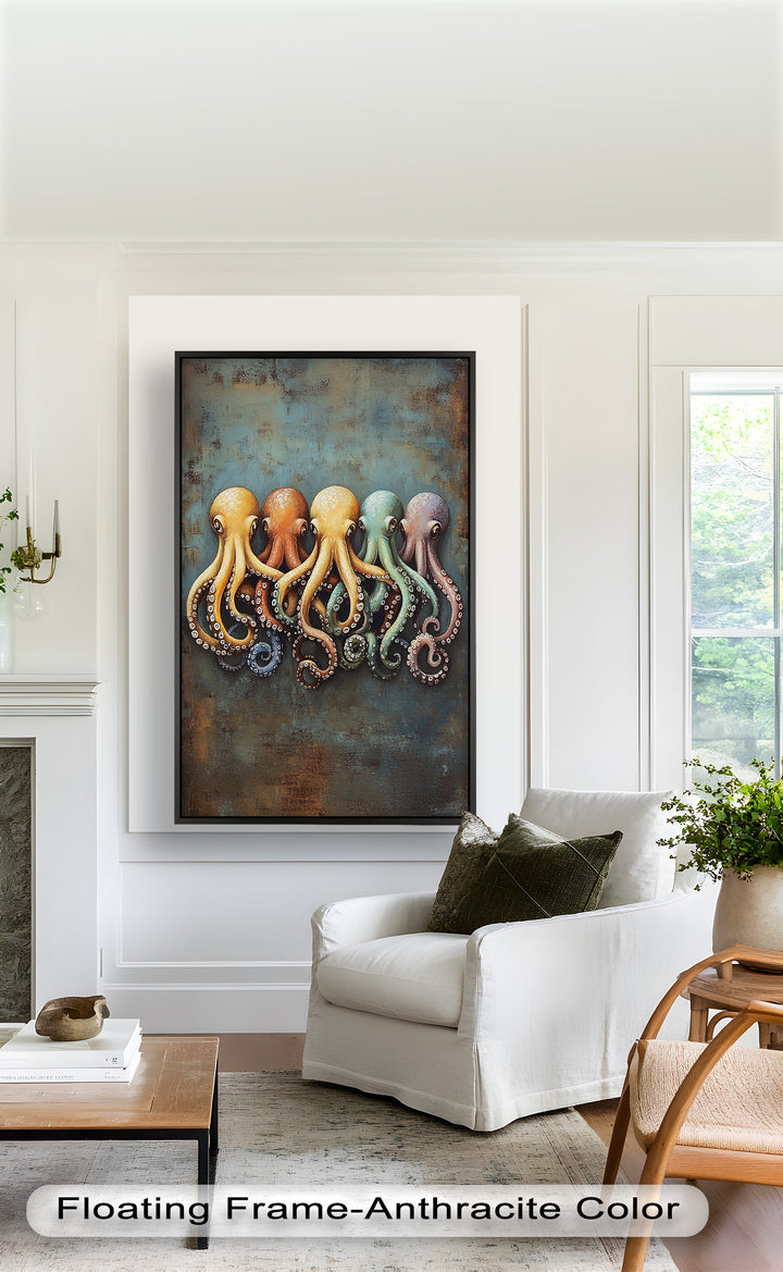 Whimsical Row of Octopuses – Colorful Sea Life Animal Oil Painting