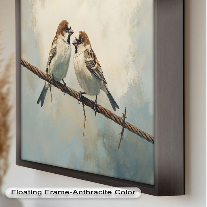Two Sparrows on a Wire – Bird Oil Painting