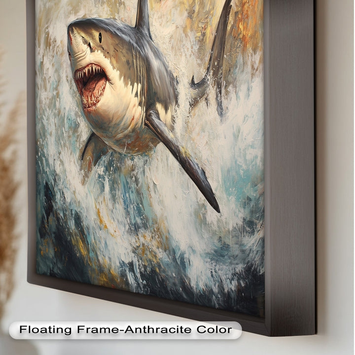 Ferocious Great White Shark Leaping Through Waves - Animal Oil Painting