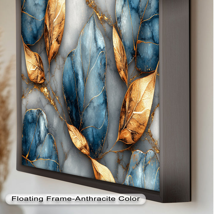 Golden Blue Marble Leaves – Botanical Oil Painting