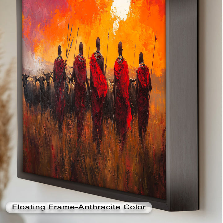 Afrikanische Krieger-Sonnenuntergangsszene – Ölgemälde der Stammeskultur