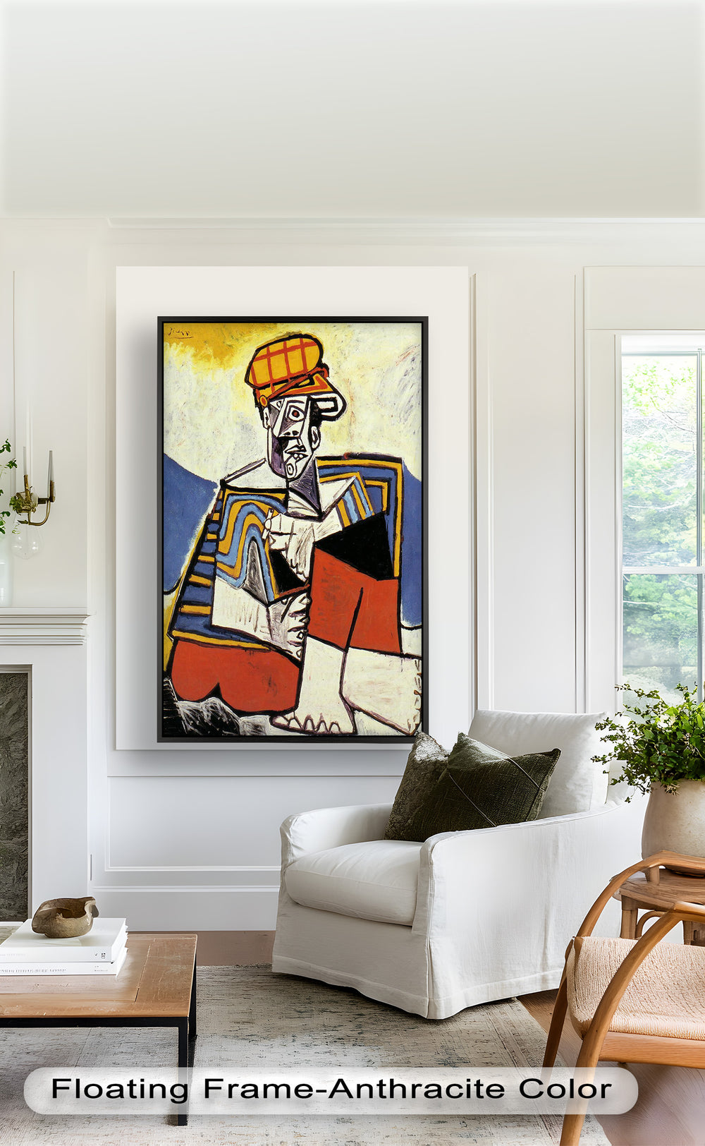 An abstract painting of a person wearing a checked hat, rendered with geometric shapes, sharp lines, and vivid colors.

