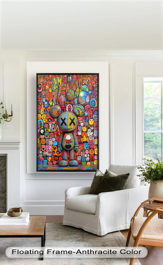 Organic forms coalesce in the Mosaic Madness oil painting art piece, bursting with a symphony of shapes and a character amidst a crowd of figures.
