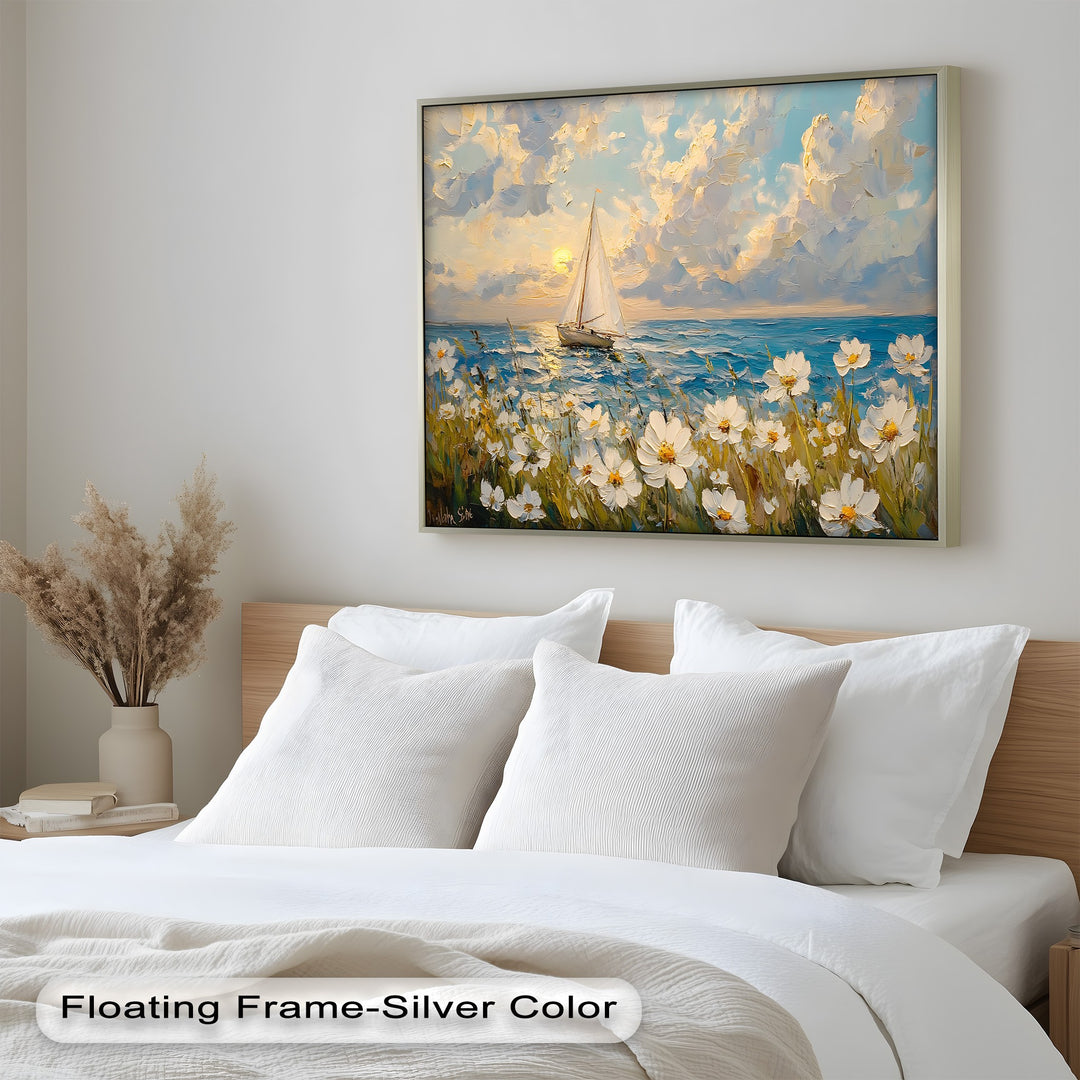 Serene seascape with floral foreground and sailboat.
