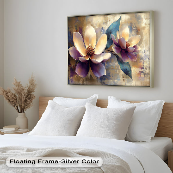 Vintage-inspired floral painting with delicate magnolias on a distressed background.
