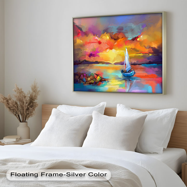 A breathtaking sunset sailboat painting with expressive strokes and rich, glowing colors, bringing energy and serenity to any space